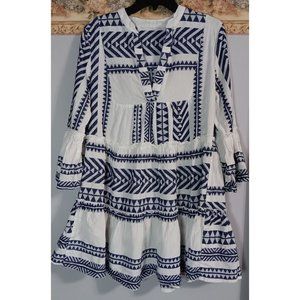 Outryt XL Blue White Boho Geometric Tiered Boho Peasant Occasion Mini Dress